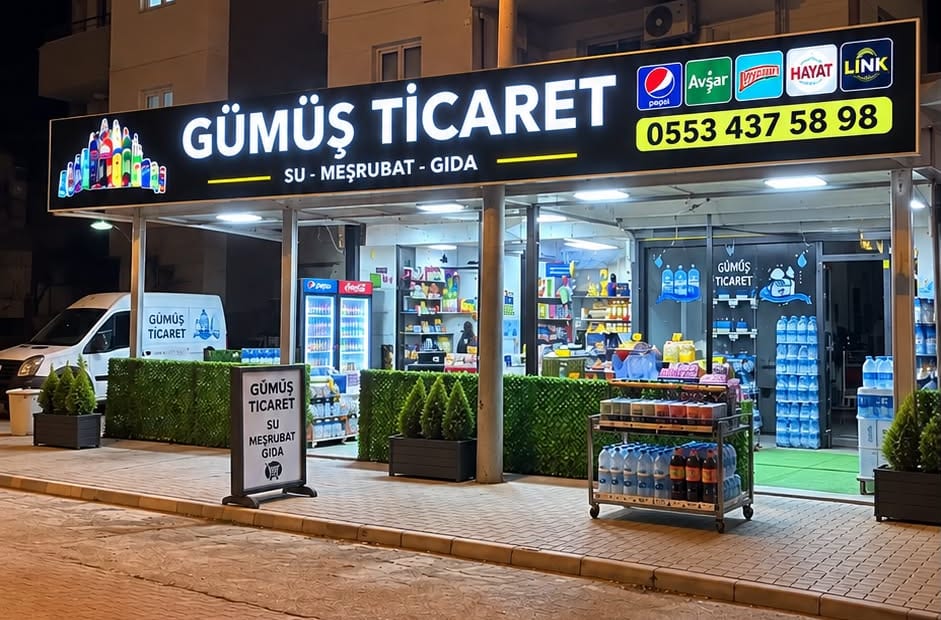 Gümüş Ticaret’in ışıklı tabelası ve açık mağaza girişi